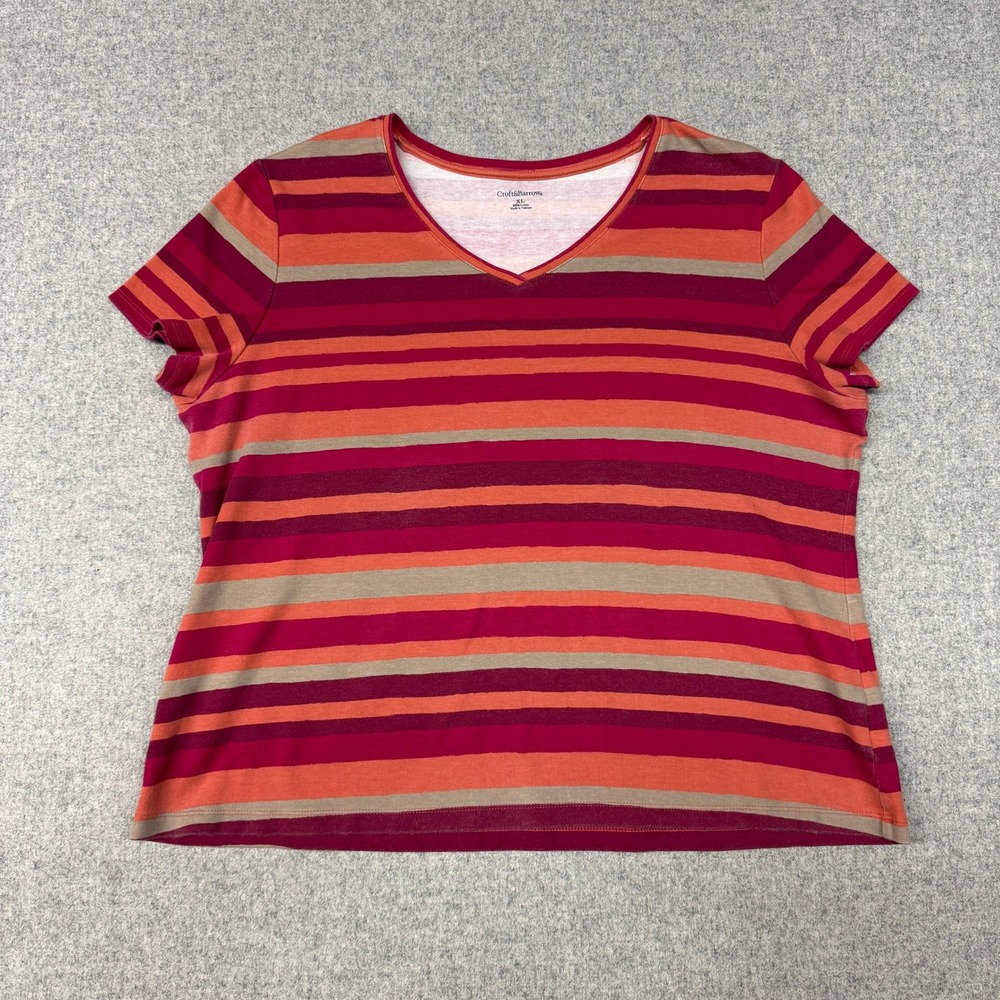 Croft & Barrow T-Shirt XL Red Orange Tan Striped V-Neck Cotton Short Sleeve Top